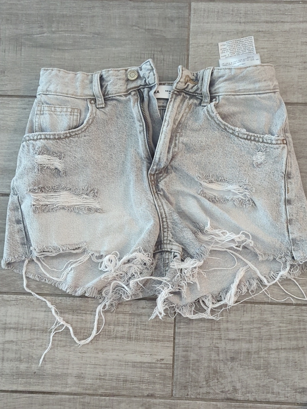 Bershka Light Gray Distressed Denim Shorts